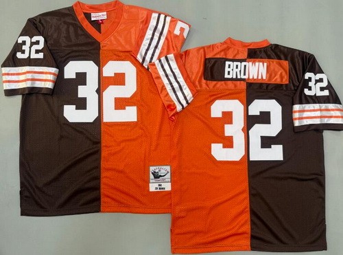 Men's Cleveland Browns #32 Jim Brown Brown Orange 1963 Split Throwback Jersey