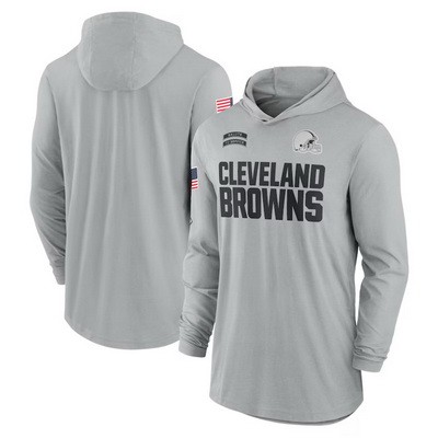 Men's Cleveland Browns Gray 2024 Salute to Service Lightweight Performance Long Sleeve Hooded T Shirt