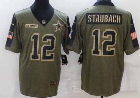 Men's Dallas Cowboys #12 Roger Staubach Limited Olive 2021 Salute To Service Jersey