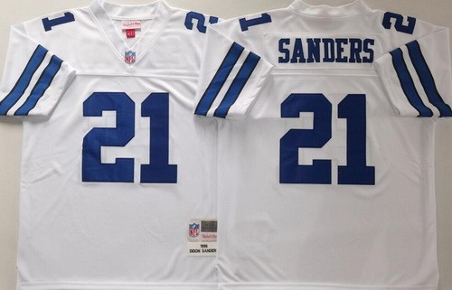 Men's Dallas Cowboys #21 Deion Sanders White 1995 Throwback Jersey