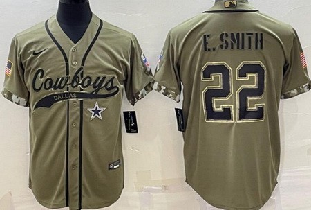 Men's Dallas Cowboys #22 Emmitt Smith Limited Olive 2022 Salute To Service Baseball Jersey