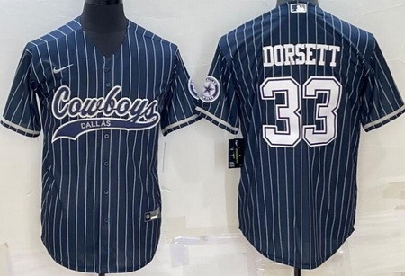 Men's Dallas Cowboys #33 Tony Dorsett Navy Stripes Baseball Jersey