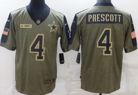 Men's Dallas Cowboys #4 Dak Prescott Limited Olive 2021 Salute To Service Jersey