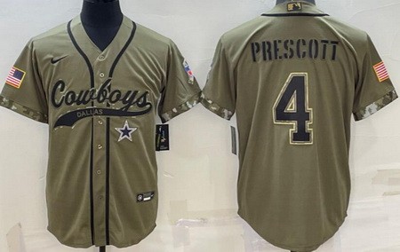 Men's Dallas Cowboys #4 Dak Prescott Limited Olive 2022 Salute To Service Baseball Jersey