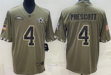 Men's Dallas Cowboys #4 Dak Prescott Limited Olive 2022 Salute To Service Jersey