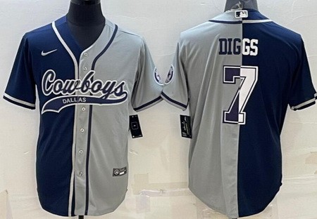 Men's Dallas Cowboys #7 Trevon Diggs Navy Gray Split Baseball Jersey