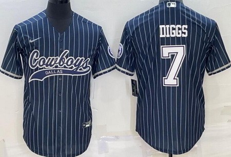 Men's Dallas Cowboys #7 Trevon Diggs Navy Stripes Baseball Jersey