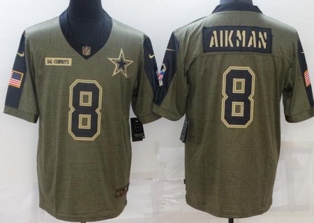 Men's Dallas Cowboys #8 Troy Aikman Limited Olive 2021 Salute To Service Jersey