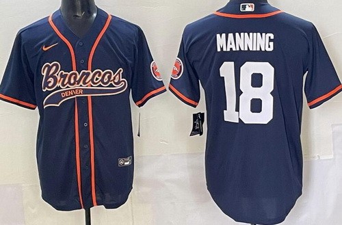 Men's Denver Broncos #18 Peyton Manning Limited Navy Fashion Baseball Jersey