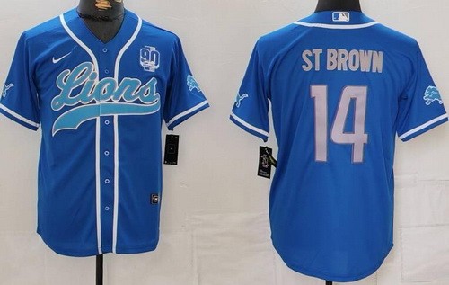 Men's Detroit Lions #14 Amon Ra St Brown Limited Blue 90th Season Baseball Jersey