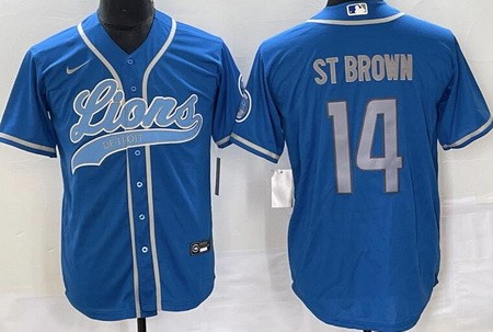 Men's Detroit Lions #14 Amon Ra St Brown Limited Blue Baseball Jersey