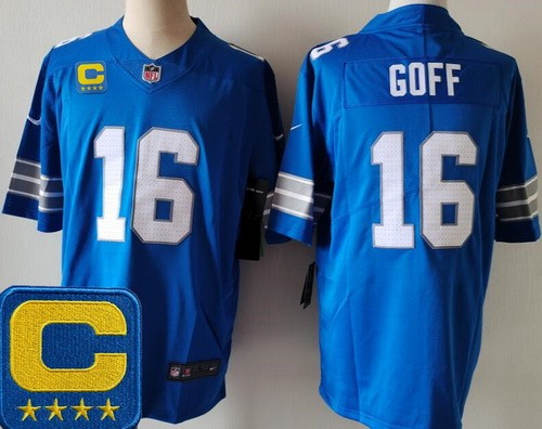Men's Detroit Lions #16 Jared Goff Limited Blue 2025 Captain Patch Vapor Jersey