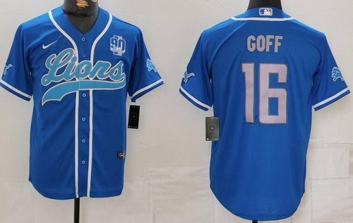 Men's Detroit Lions #16 Jared Goff Limited Blue 90th Season Baseball Jersey