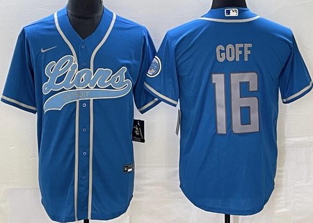Men's Detroit Lions #16 Jared Goff Limited Blue Baseball Jersey