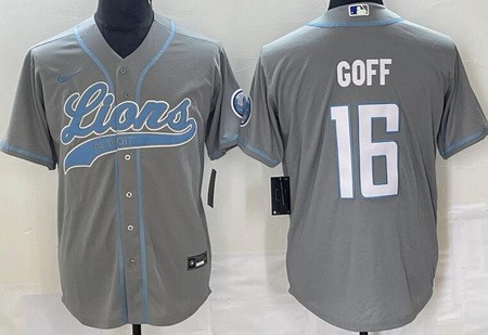 Men's Detroit Lions #16 Jared Goff Limited Gray Baseball Jersey