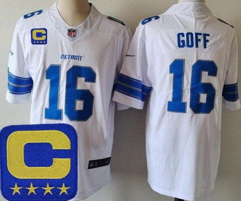 Men's Detroit Lions #16 Jared Goff Limited White C Patch Vapor Jersey