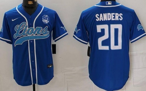 Men's Detroit Lions #20 Barry Sanders Limited Blue 90th Season Baseball Jersey