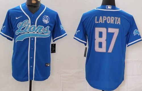 Men's Detroit Lions #87 Sam Laporta Limited Blue 90th Season Baseball Jersey
