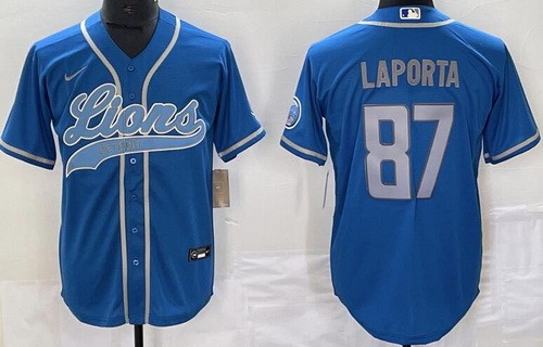 Men's Detroit Lions #87 Sam Laporta Limited Blue Baseball Jersey