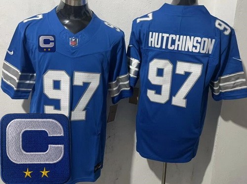 Men's Detroit Lions #97 Aidan Hutchinson Limited Blue 2025 Captain Patch FUSE Vapor Jersey
