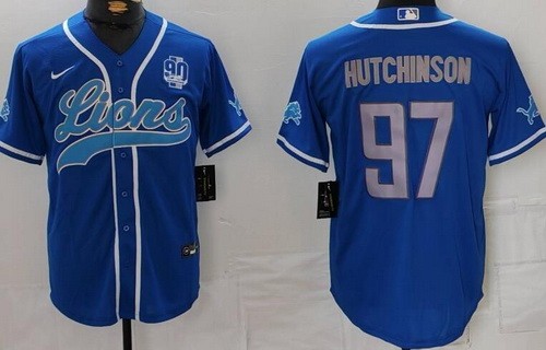 Men's Detroit Lions #97 Aidan Hutchinson Limited Blue 90th Season Baseball Jersey