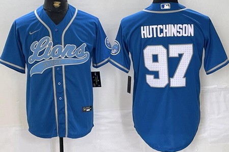 Men's Detroit Lions #97 Aidan Hutchinson Limited Blue Baseball Jersey