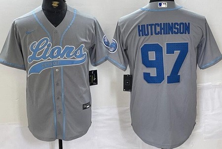Men's Detroit Lions #97 Aidan Hutchinson Limited Gray Baseball Jersey