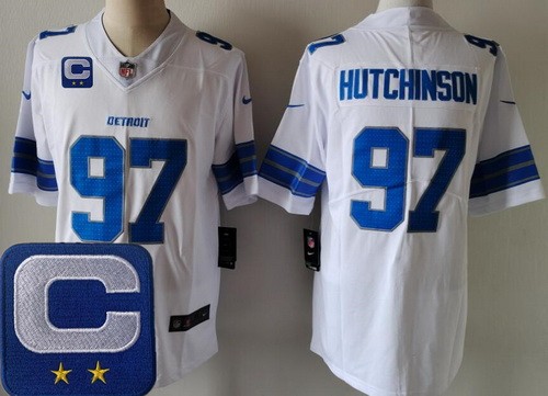 Men's Detroit Lions #97 Aidan Hutchinson Limited White 2025 Captain Patch Vapor Jersey