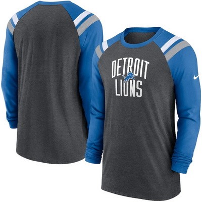 Men's Detroit Lions Gray Blue Tri Blend Raglan Athletic Long Sleeve T Shirt