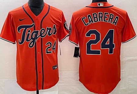 Men's Detroit Tigers #24 Miguel Cabrera Orange Player Number Team Logo Cool Base Jersey