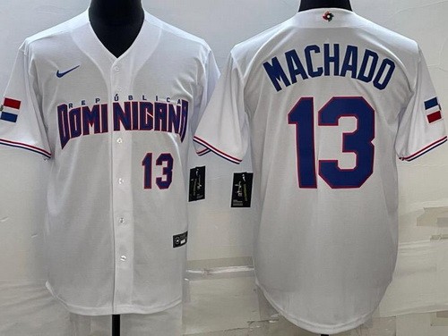 Men's Dominican #13 Manny Machado White Player Number 2023 World Baseball Classic Cool Base Jersey