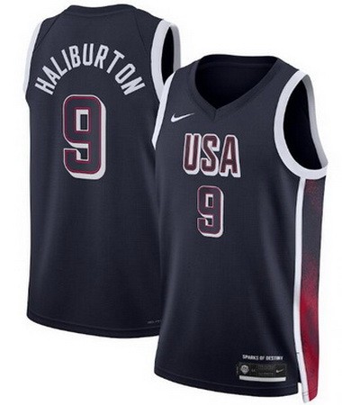 Men's Dream 16 USA #9 Tyrese Haliburton Navy 2024 Heat Press Basketball Jersey