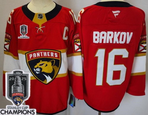 Men's Florida Panthers #16 Aleksander Barkov Red 2025 Stanley Cup Champions 2 Authentic Jersey