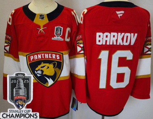 Men's Florida Panthers #16 Aleksander Barkov Red 2025 Stanley Cup Champions Authentic Jersey