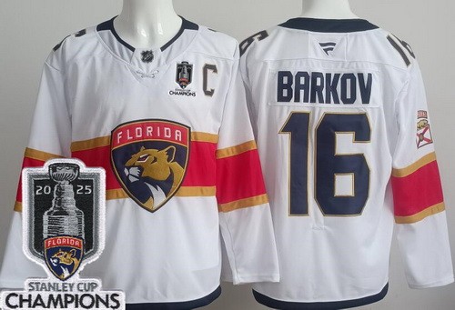 Men's Florida Panthers #16 Aleksander Barkov White 2025 Stanley Cup Champions Authentic Jersey