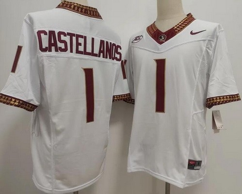 Men's Florida State Seminoles #1 Thomas Castellanos White College Football Jersey