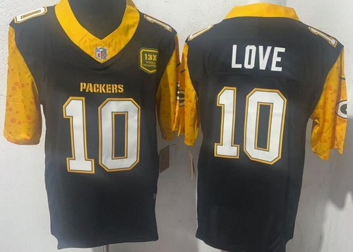 Men's Green Bay Packers #10 Jordan Love Limited Black 13X World Champions FUSE Vapor Jersey
