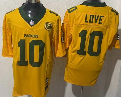 Men's Green Bay Packers #10 Jordan Love Limited Yellow 13X World Champions FUSE Vapor Jersey