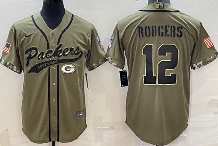 Men's Green Bay Packers #12 Aaron Rodgers Limited Olive 2022 Salute To Service Baseball Jersey