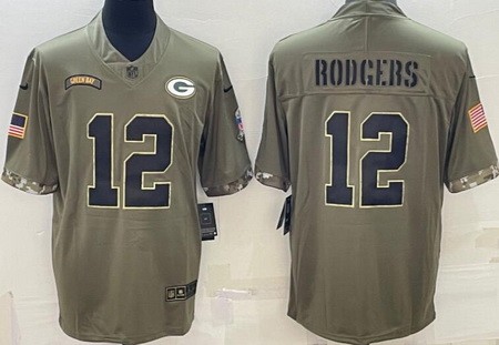 Men's Green Bay Packers #12 Aaron Rodgers Limited Olive 2022 Salute To Service Jersey