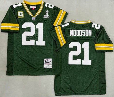 Men's Green Bay Packers #21 Charles Woodson Green XLV Super Bowl Captain Patch 2010 Throwback Jersey