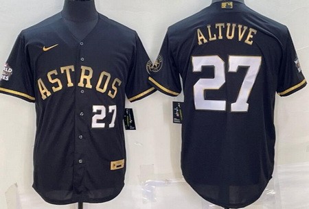 Men's Houston Astros #27 Jose Altuve Black Gold Player Number Cool Base Jersey