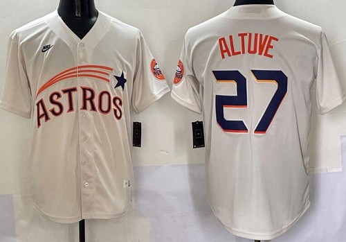 Men's Houston Astros #27 Jose Altuve Cream Throwback Cooperstown Limited Jersey