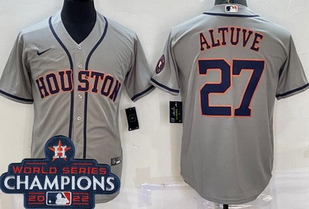 Men's Houston Astros #27 Jose Altuve Gray Team Logo 2022 World Series Champions Cool Base Jersey
