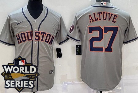 Men's Houston Astros #27 Jose Altuve Gray Team Logo 2022 World Series Cool Base Jersey