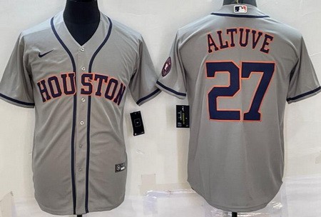 Men's Houston Astros #27 Jose Altuve Gray Team Logo Cool Base Jersey