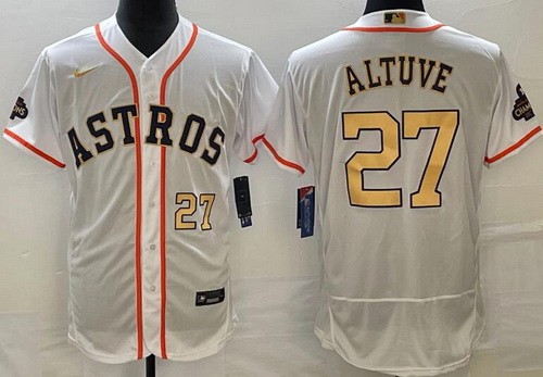 Men's Houston Astros #27 Jose Altuve White 2023 Gold Collection Authentic Jersey