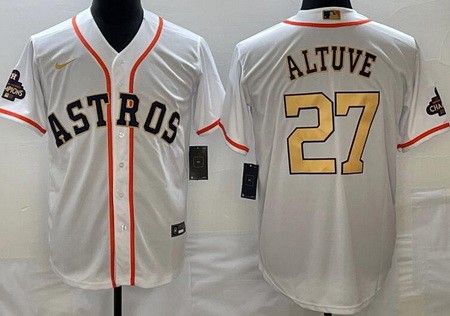 Men's Houston Astros #27 Jose Altuve White 2023 Gold Collection Cool Base Jersey