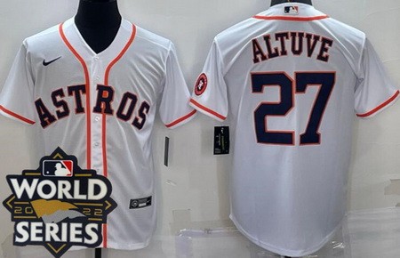 Men's Houston Astros #27 Jose Altuve White Team Logo 2022 World Series Cool Base Jersey