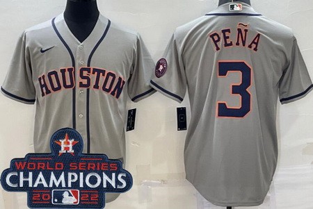 Men's Houston Astros #3 Jeremy Pena Gray Team Logo 2022 World Series Champions Cool Base Jersey